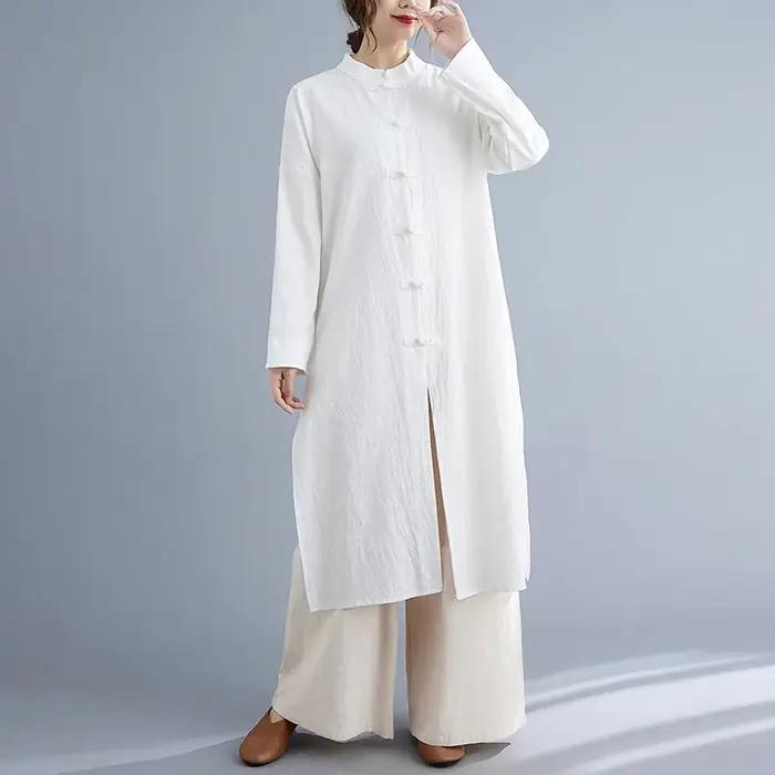 Vêtements traditionnels chinois pour femmes, coton, manches longues, simple boutonnage, haut adt, vêtements de thé de méditation, printemps, automne