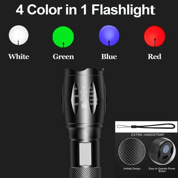 Multicolore 4 couleurs en 1 LED blanc rouge bleu vert bleu lumière 4 Modes Zoomable lampe de poche t
