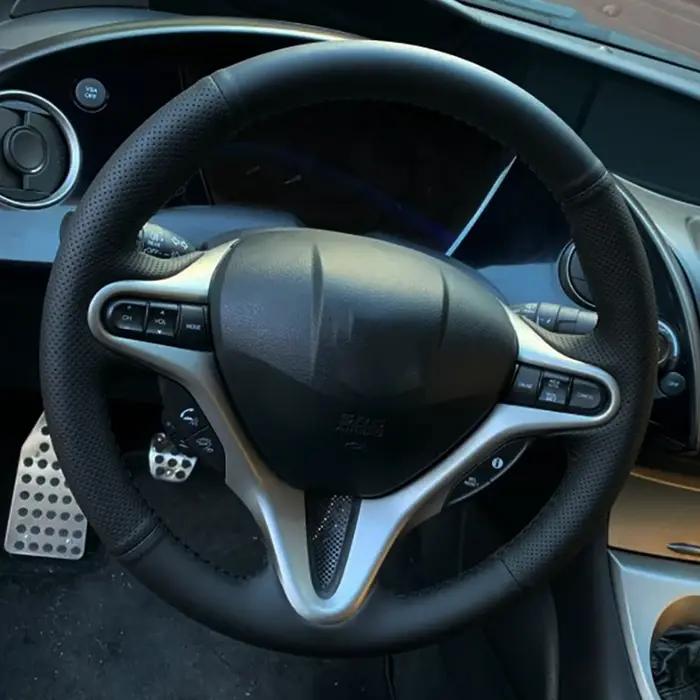 Housse de volant de voiture en cuir microfibre, point de main noir, bricolage, pour Honda Civic Old
