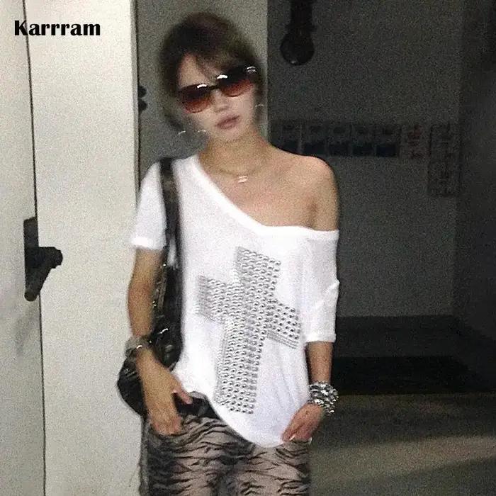 Karrram japonais Y2k métal croix imprimé T-shirt Trashy 2000s col en v transparent hauts Vintage Harajuku manches courte