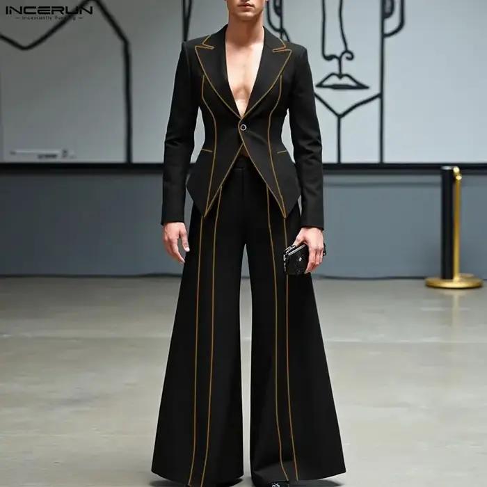 INCERUN hommes ensembles Patchwork élégant à manches longues Blazer et pantalon à jambes larges deux