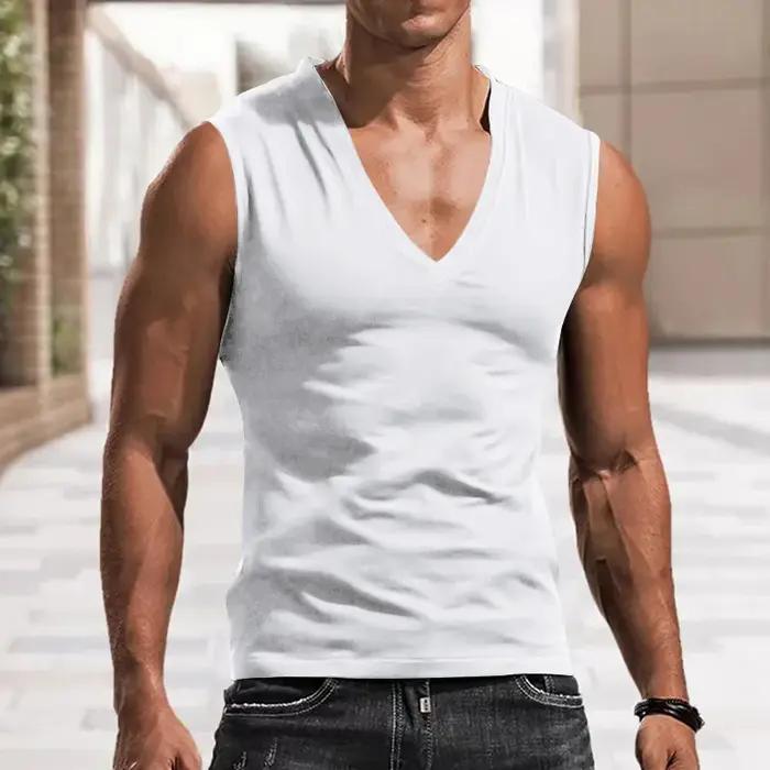 Gilet décontracté pour homme débardeur sans manches respirant polyester élasthanne couleurs unies col en V polyvalent pour sport et loisirs