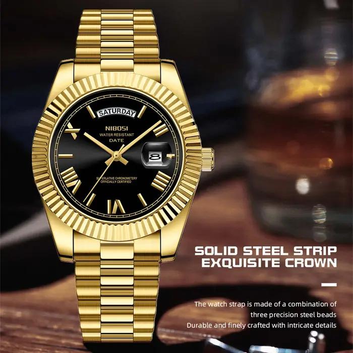 Montre homme NIBOSI quartz luxe - Bracelet acier étanche avec date et jour, montre masculine élégante