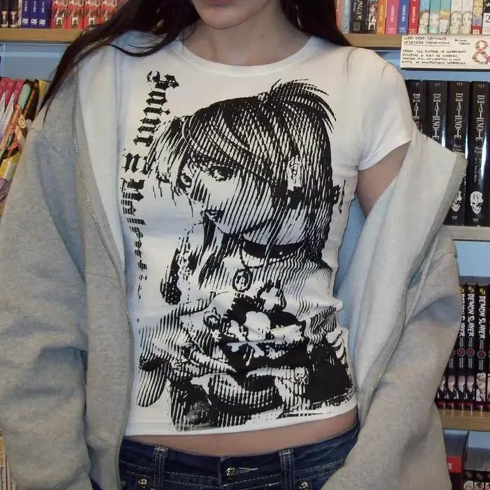 Y2k anime Streetwear col rond 90s texte impression hauts femmes Harajuku vêtements Simple Vintage T-