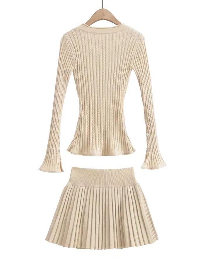 Cardigan en tricot torsadé à col en V pour femmes, taille élastique, mini jupe plissée, olympiques a