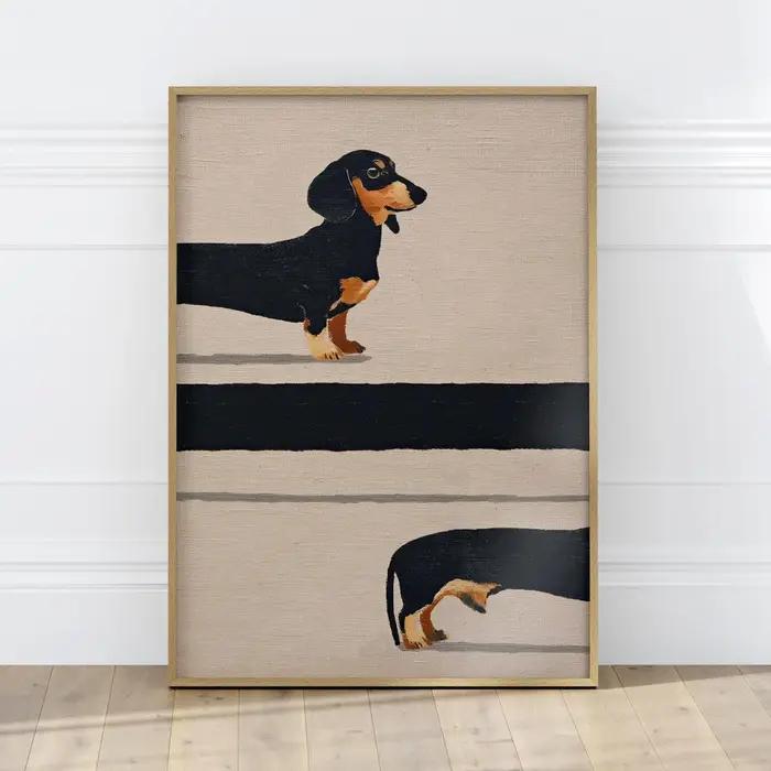 Art mural ludique pour chiens de style mid-century - Impression texturée en impasto de teckels curie