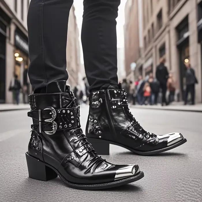 Bottes de cowboy occidentales à talons hauts pour hommes, ceinture Fangtou en métal, peau de vache s