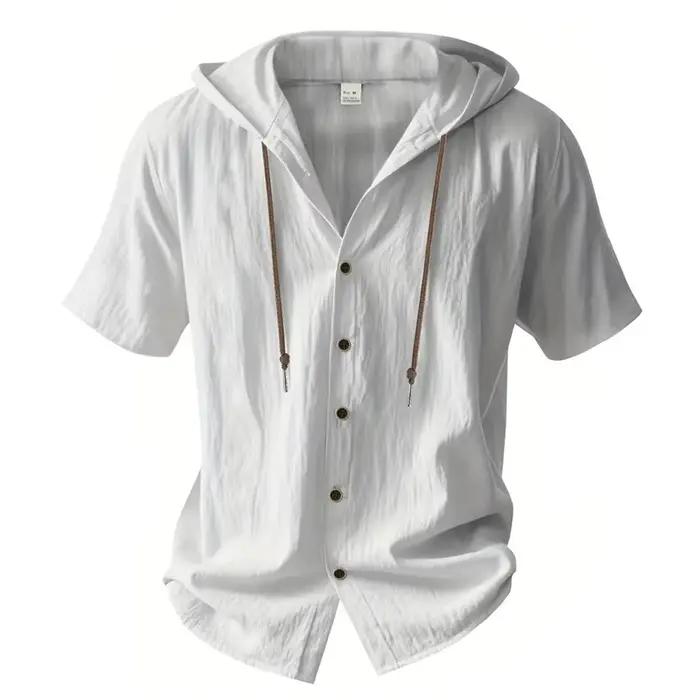 Chemise en coton et lin pour hommes, à capuche, manches courtes, couleur unie, respirante, légère, a