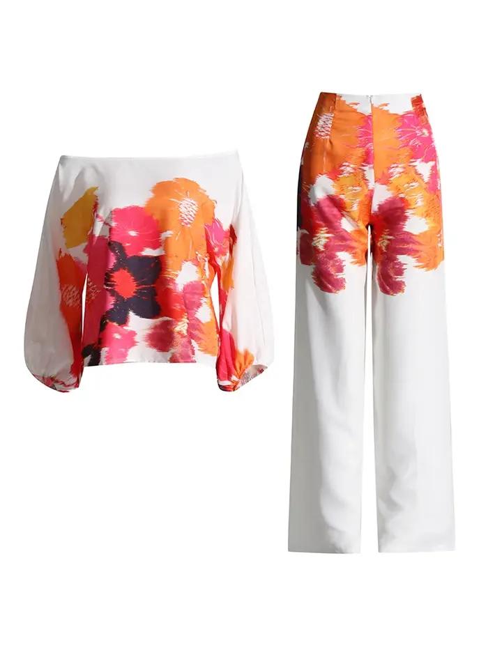 Ensemble deux pièces imprimé YLE pour femme col slash manches lanternes pantalon à taille haute mode féminine été 2023
