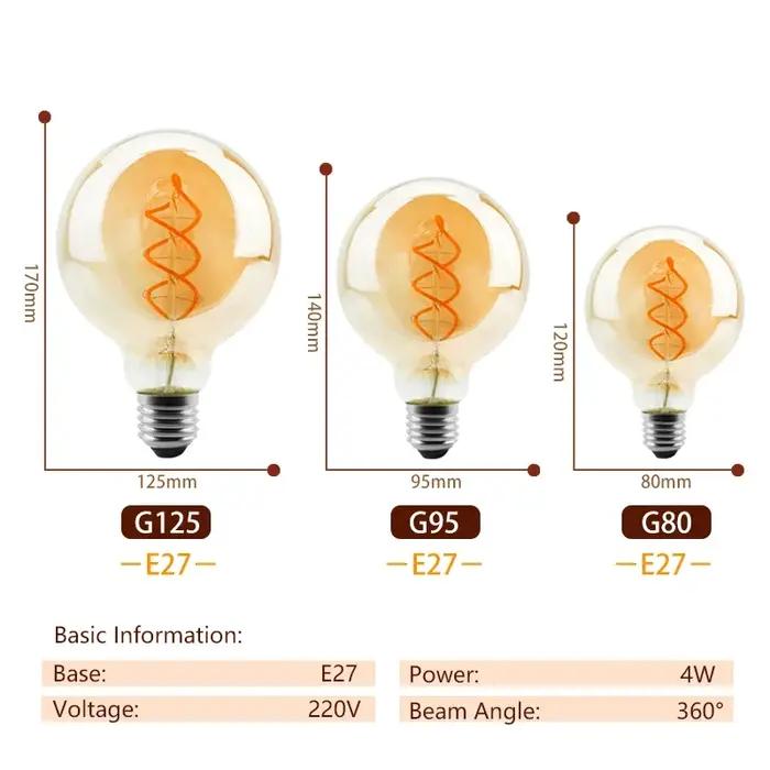 Ampoule LED à filament en spirale rétro A60 C35 ST64 T45 G80 G95 G125 T1225 4W E27 220V Dimmable Lam