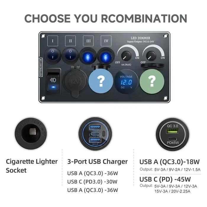 Interrupteur à bascule multifonctions panneau en aluminium haut de gamme variateur LED 12V 24V chargeur USB QC3.0 pour camping-cars voitures bateaux et maisons modernes