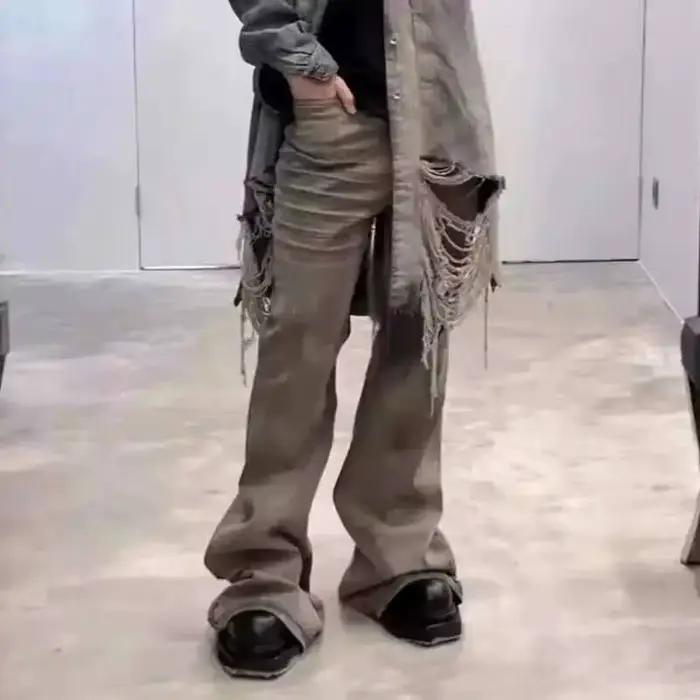 PFNW froissé Design Vintage homme jean haute rue pleine longueur lavé pantalon à jambes larges à la mode botte coupe
