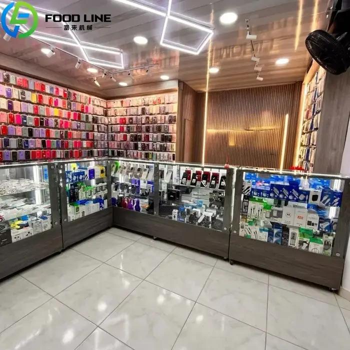 Conception d'intérieur personnalisée pour magasin de téléphonie mobile moderne, présentoir électronique, armoire de présentation d'accessoires pour téléphones portables, table