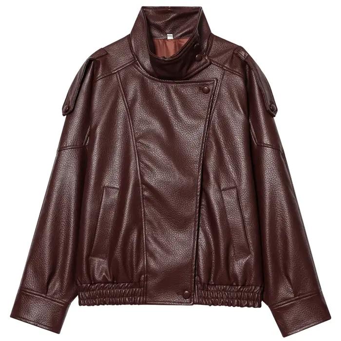 HXAO Faux cuir noir vestes pour femme nouveauté recadrée surdimensionné Bomber veste fermeture éclair à manches longues