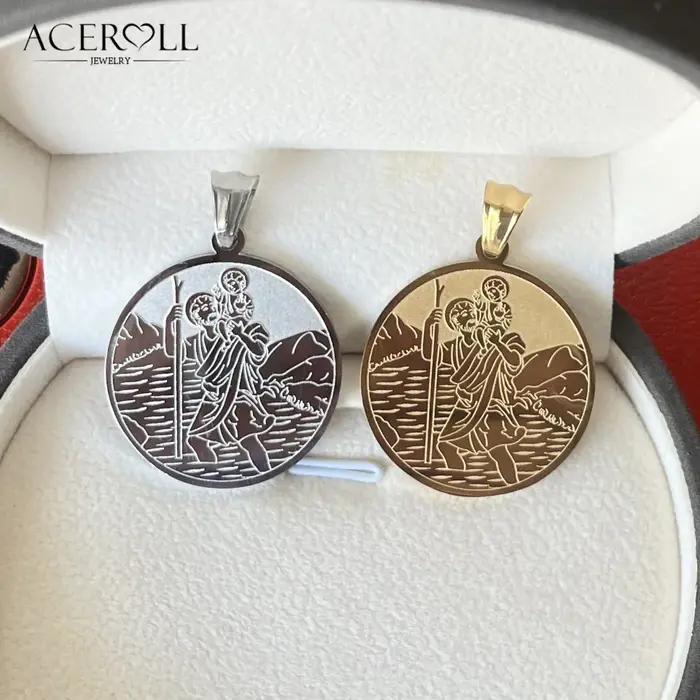 ACEROLL Pendentif catholique en acier inoxydable Médaille Saint Antoine et Saint Christophe