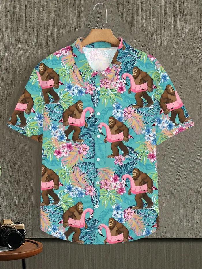 Chemise à manches courtes imprimée Allover pour hommes, col rabattu, fermeture à bouton complet sur