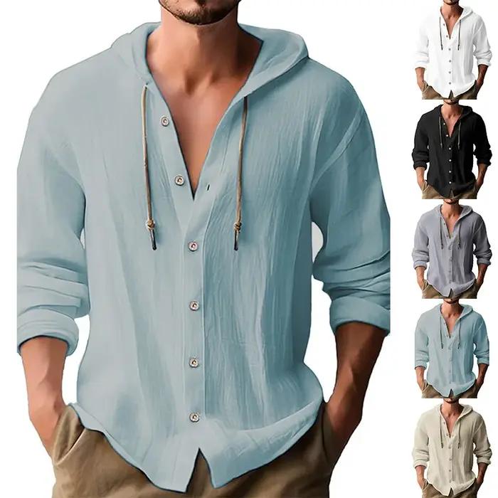 Chemise décontractée de couleur unie pour hommes, cardigan à capuche en coton et lin avec cordon de