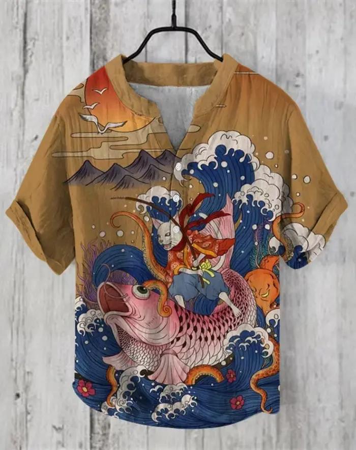 Henry chemise-chemise en lin à manches courtes pour hommes hauts nouvel été T-shirt style décontracté motif de poisson imprimé vêtements de mode Europe