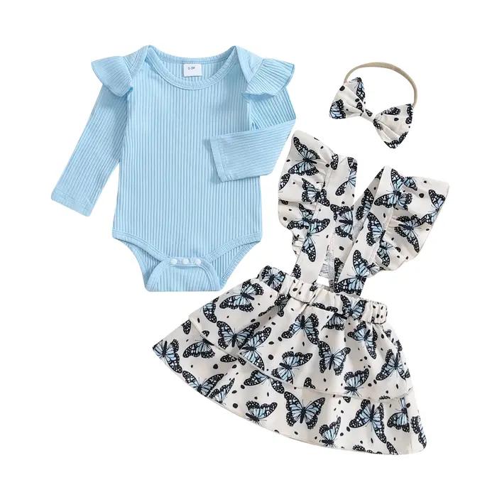 Barboteuse à manches longues et jupe à volants pour bébé fille, ensembles de vêtements d'automne 3 pièces, bande de sauna, tenues pour nourrissons