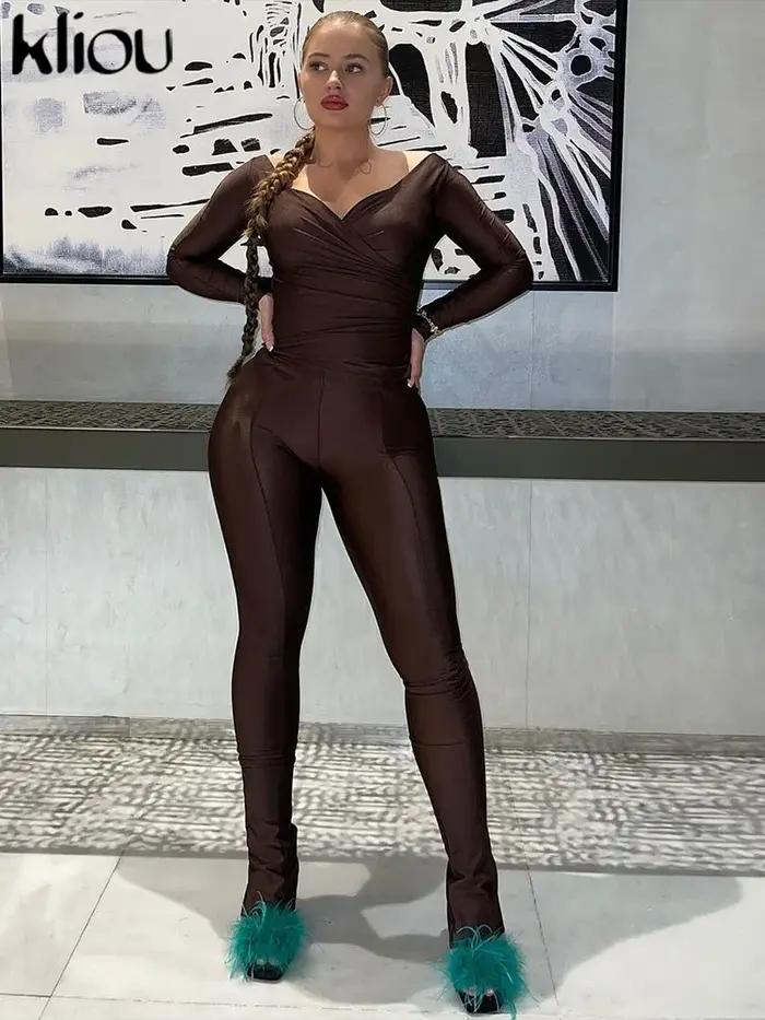 Kliou-Ensemble deux pièces décontracté en polyester brillant pour femme, longueur rinçage, t-shirts