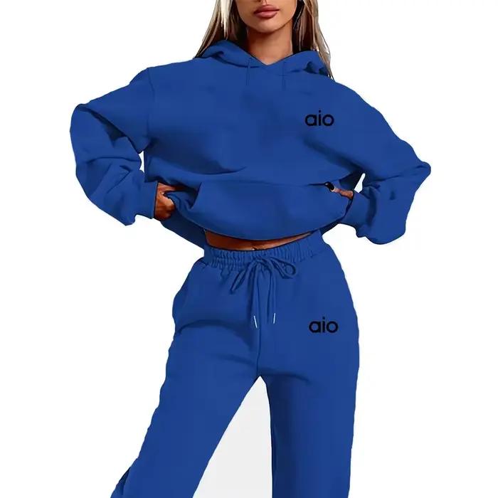 Ai impression haute qualité femmes Monochrome sweat à capuche ensemble décontracté deux pièces ensem