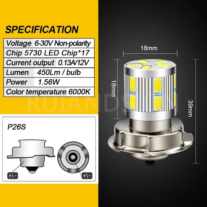 Phare de moto P26S S3 LED avec 17 SMD 5630 chips pour motos ATVs UTVs vélos et cyclomoteurs antibrouillard xenon white warm white 6000K 4300K 450lm 6V 12V 24V