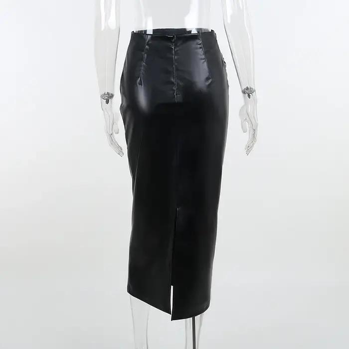 Jupe longue taille haute en cuir pour femmes, jupe moulante sexy, fente pour documents, noir et blan
