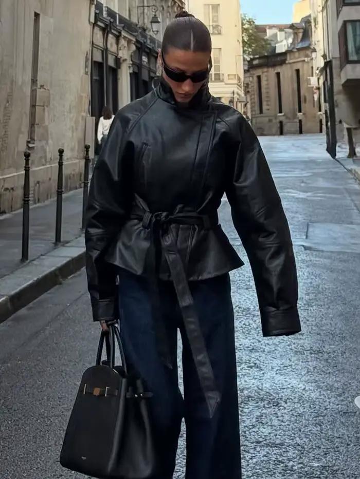 HH femmes Vintage moto veste avec ceinture Faux cuir Trench manteau à manches longues revers veste à