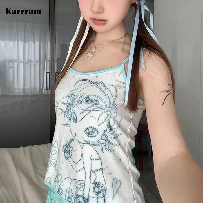 Camisole féminine Y2K Aesthetics Fairycore Anime Imprimé hauts camisoles drap fin coton polyester pour jeunes filles occasions spéciales