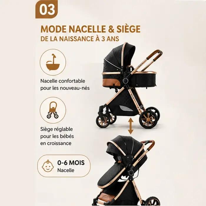 Poussette compacte 3 en 1 bébé avec berceau landau de luxe poussette légère facile à plier pour tout-petits sorties quotidiennes voyages famille occasions spéciales