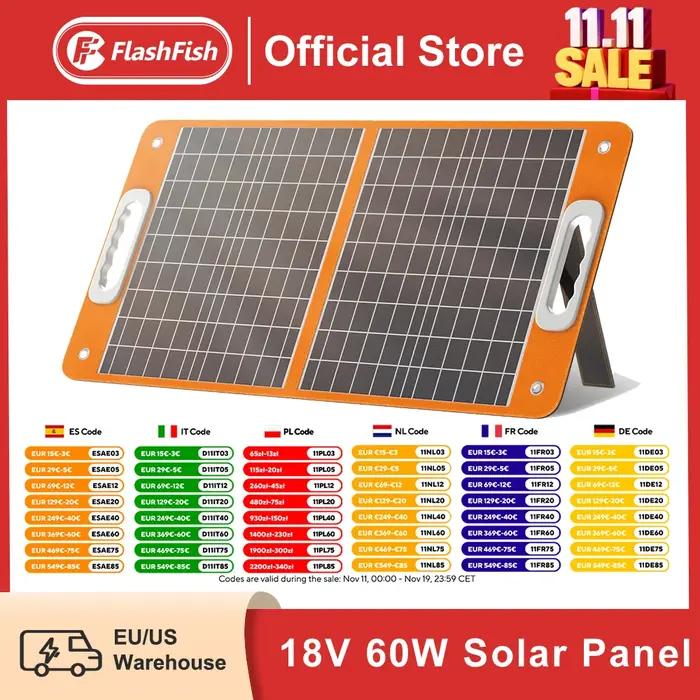 FF Flashfish 18V 60W panneau solaire pliable chargeur solaire Portable avec sortie cc USB-C QC3.0 po
