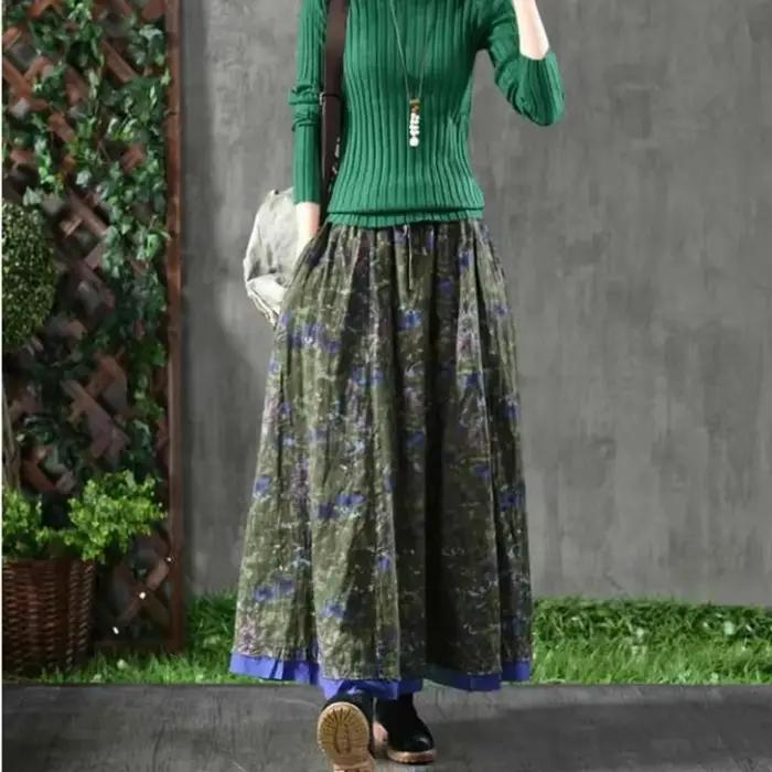 A-ligne plissée Vintage jupes pour femmes automne jupe longue florale poches élégant ample taille ha