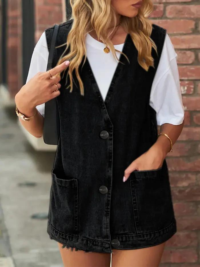 Gilet décontracté Benuynffy Vintage en denim lavé pour femmes, style moderne, col en V, idéal pour le printemps et l'été, occasions spéciales
