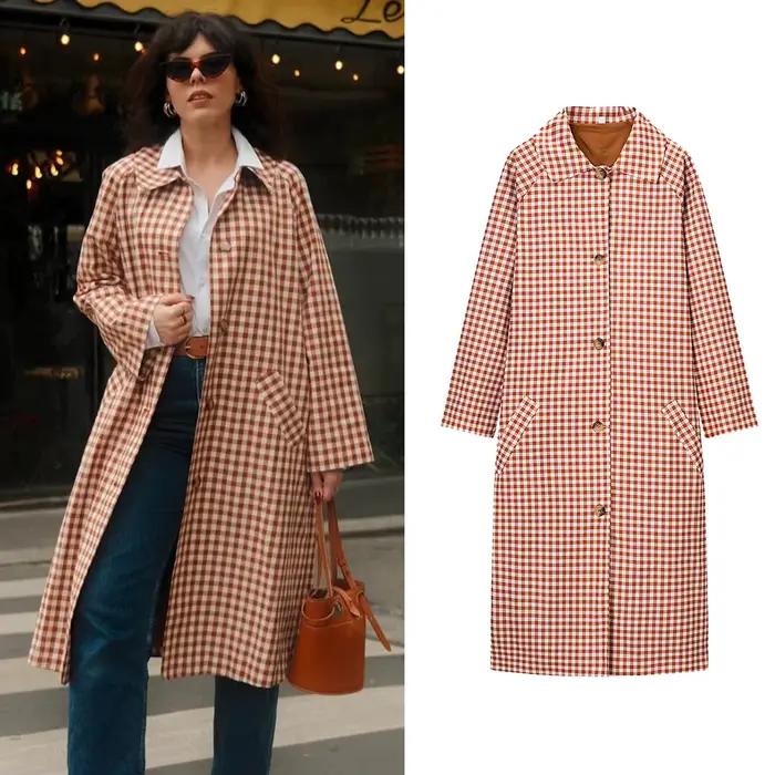 Femmes décontracté Plaid longue Trench manteau femme rouge Plaid simple boutonnage manches longues c