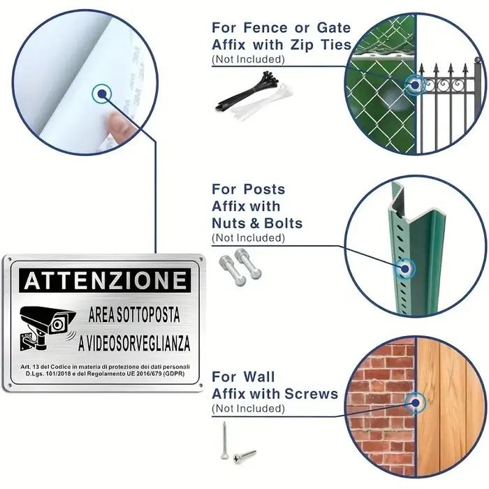 Panneau de signalisation de sécurité italien 20x30cm – Bannière en aluminium pour zone de vidéosurveillance, alerte noir et blanc avec image de caméra de police
