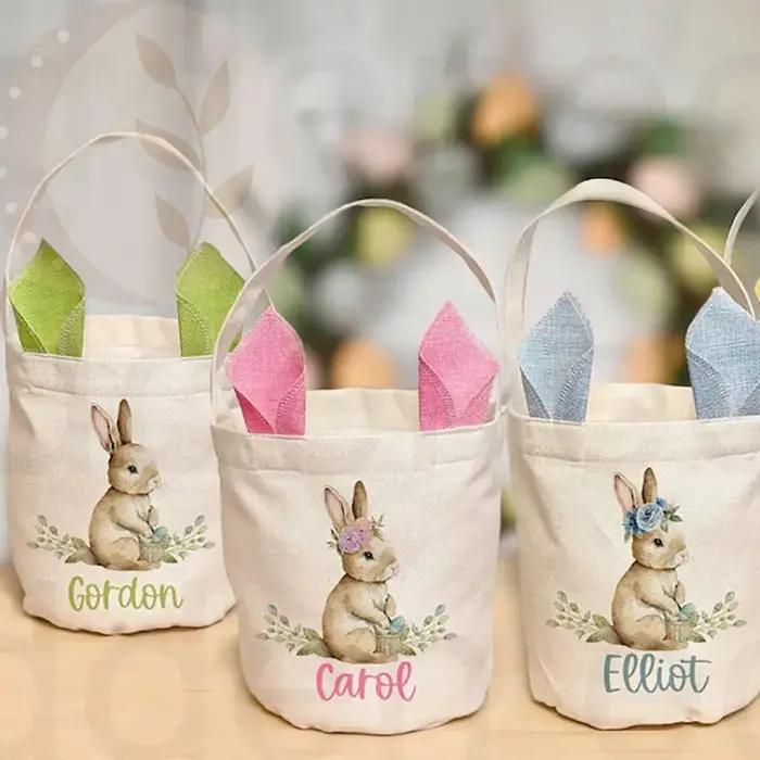 Panier de chasse aux œufs personnalisé, lapin Vintage, sac de pâques joyeux, décoration de ferme rustique, sac cadeau pour enfants, garçons et filles