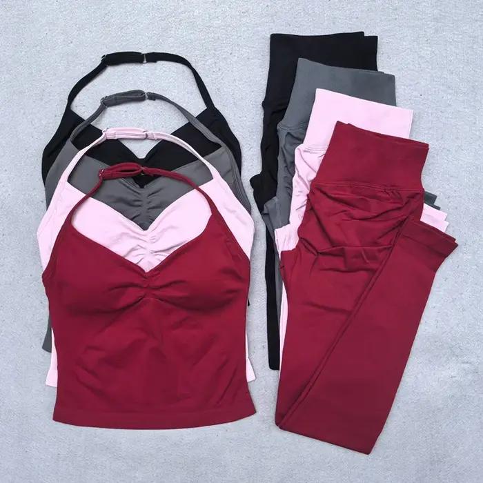 Ensemble de Yoga sans couture pour femmes, 2 pièces, débardeur rembourré, col licou, froissé, levage