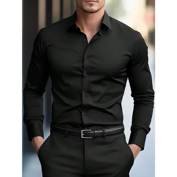 2025 chemise pour hommes flambant neuf couleur unie à manches longues intelligent décontracté quatre saisons élastique