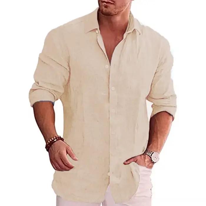 Chemise à manches longues pour hommes, en coton et lin, couleur unie, Style décontracté, grande tail