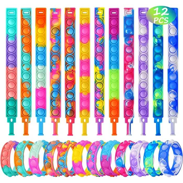 12 pièces Fidget Toys Pop Bracelet cadeaux de fête Bracelets à bulles Push Poping sensoriel anti-Stress jouets pour enfa