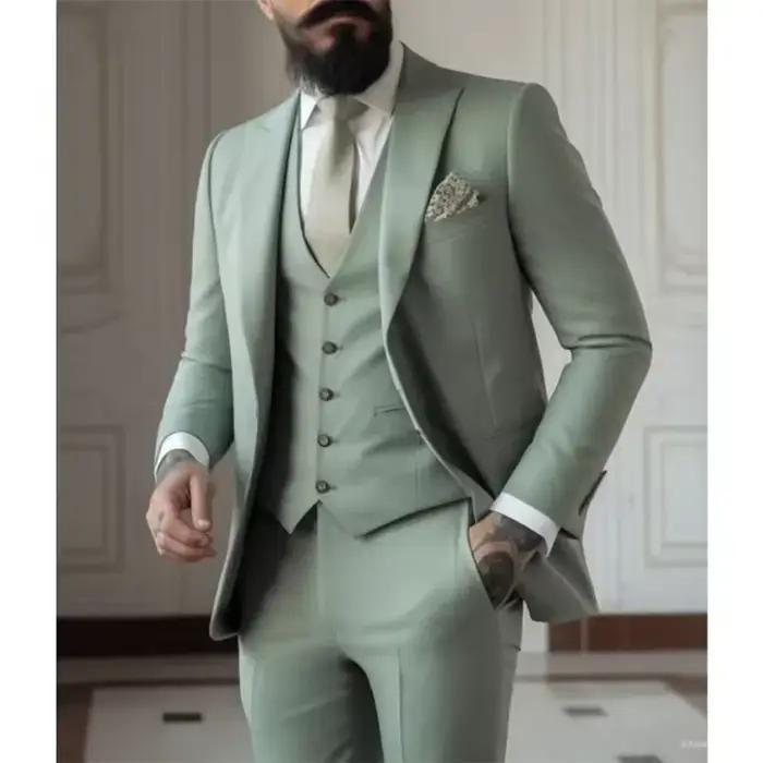 Costume élégant pour homme 3 pièces vert clair avec revers en pointe