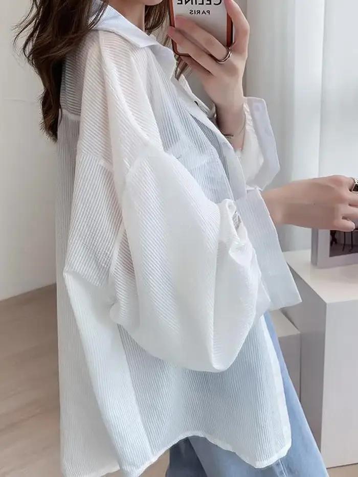 Jmprs coréen Sexy femmes Transparent rayé chemise surdimensionné ample à manches longues coréen rési