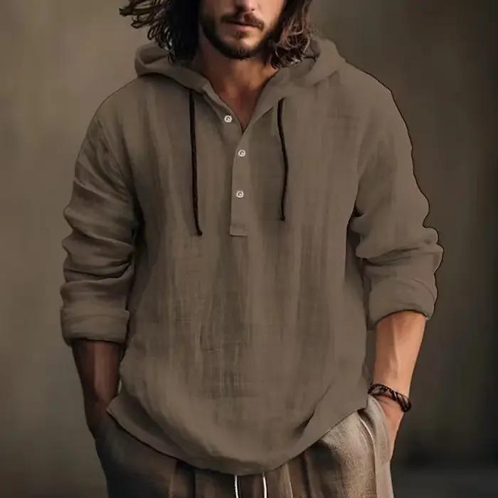 2025 nouveaux hommes blouse décontractée coton lin chemise hauts amples à manches longues t-shirt printemps automne déco