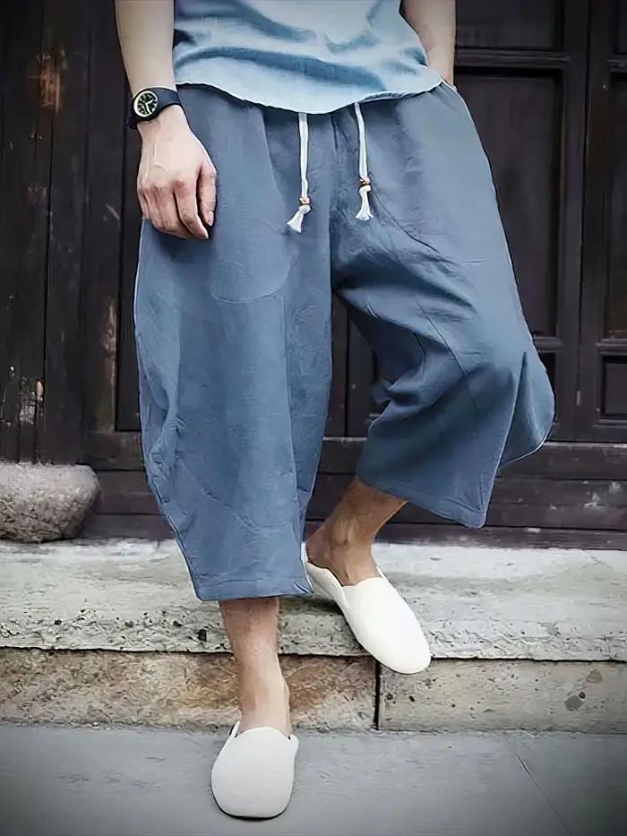 Été plage coton lin Shorts décontracté és hommes japonais jambe large Baggy Capris pantalon mâle Sport course
