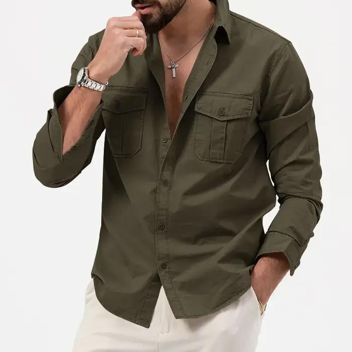 Chemise homme affaires chemises décontractées 2026 nouveauté hommes marque célèbre vêtements armée vert à manches longues Camisa Masculina