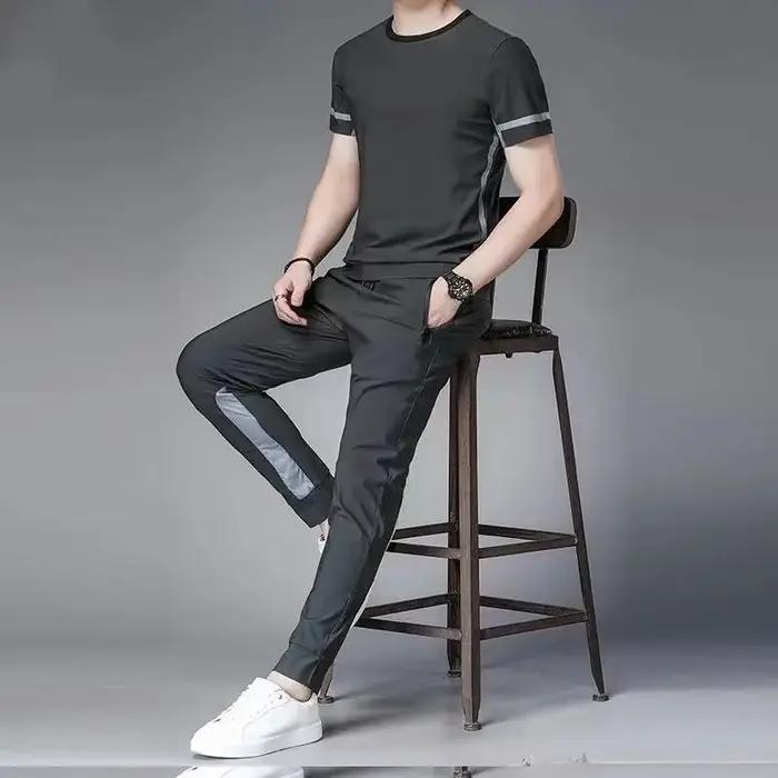 Ensemble t-shirt et pantalon original pour homme, style décontracté, élégant, adapté pour les activités de plein air, printemps et été, XXL et XXXL disponibles, gris et noir