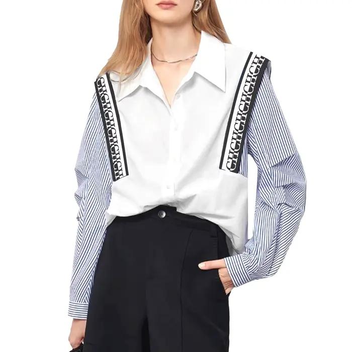 CHCH-Chemise à Manches sulfpour Femme, Haut Décontracté, Confortable, Simple, Rayé, Patchwork, Bleu