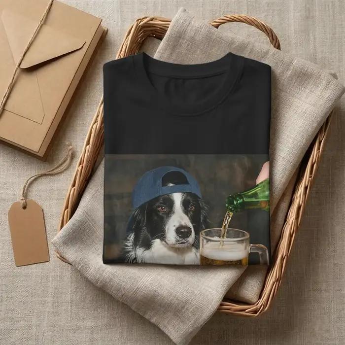 T-shirt homme motif Border Collie buvant de la bière design vintage humour coton drap fin manches courtes col rond impression numérique couleur multiple taille variée occasions quotidiennes