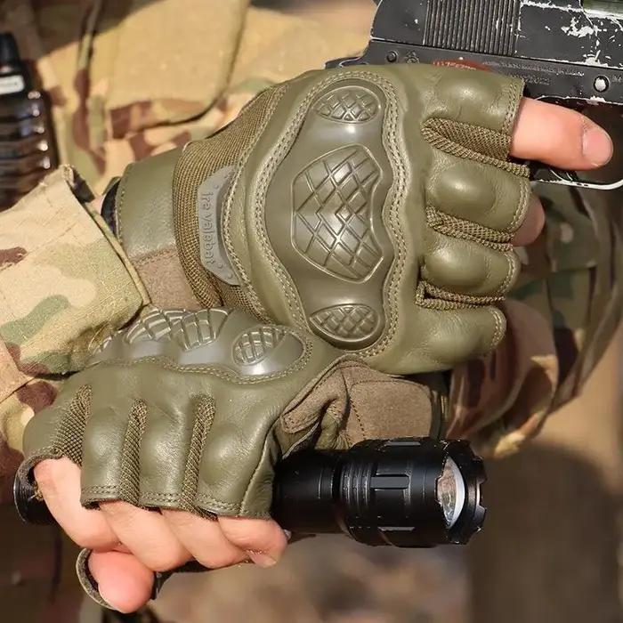Gants tactiques mi-doigts peau de mouton - Antidérapants anti-chocs confortables protection chasse