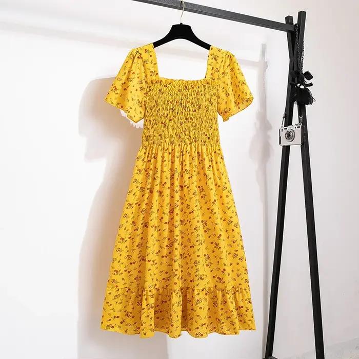 Printemps été robe en mousseline de soie femmes robes mi-longues femme à manches courtes taille élastique imprimé fleuri